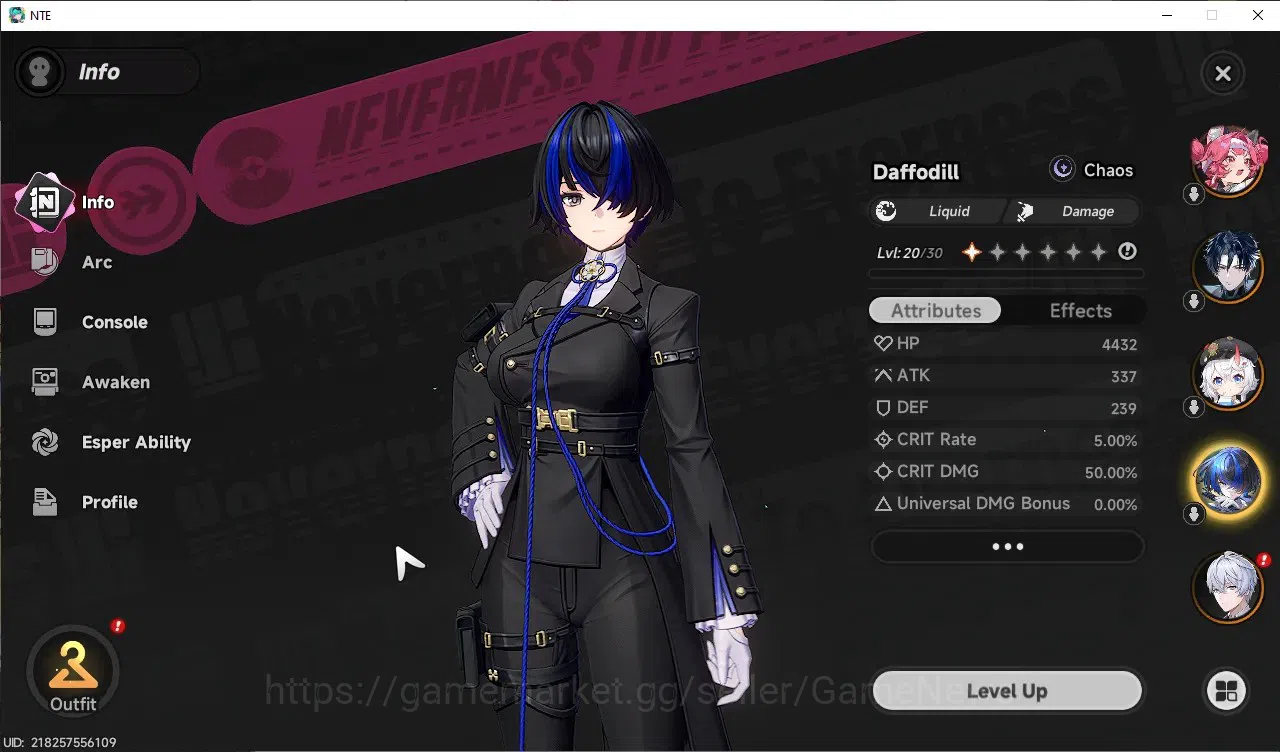 Neverness to Everness Accounts GLOBAL ASIA|HL 10|TL 2|4 SSR 2 Limit (Nanally+Outfit,Chaos+Sign),DaffodhilA1,Sakiri|2 SSR 7