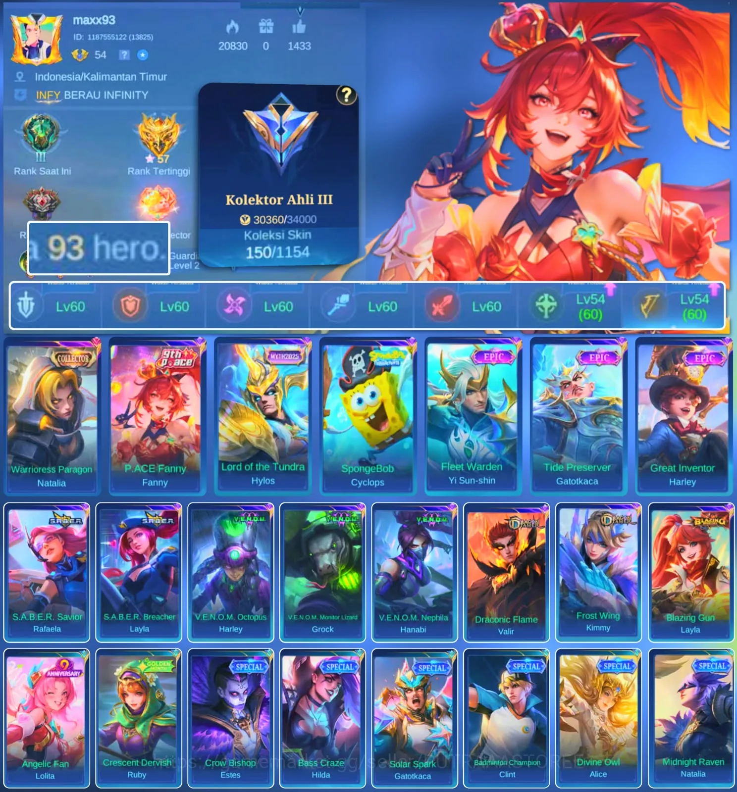 Mobile Legends: Bang Bang Accounts Others HERO 93 SKIN 150 | EMBLEM GOOD | COLECTOR NATALIA| PACE FANNY| EPIC HERLEY | HERO 1
