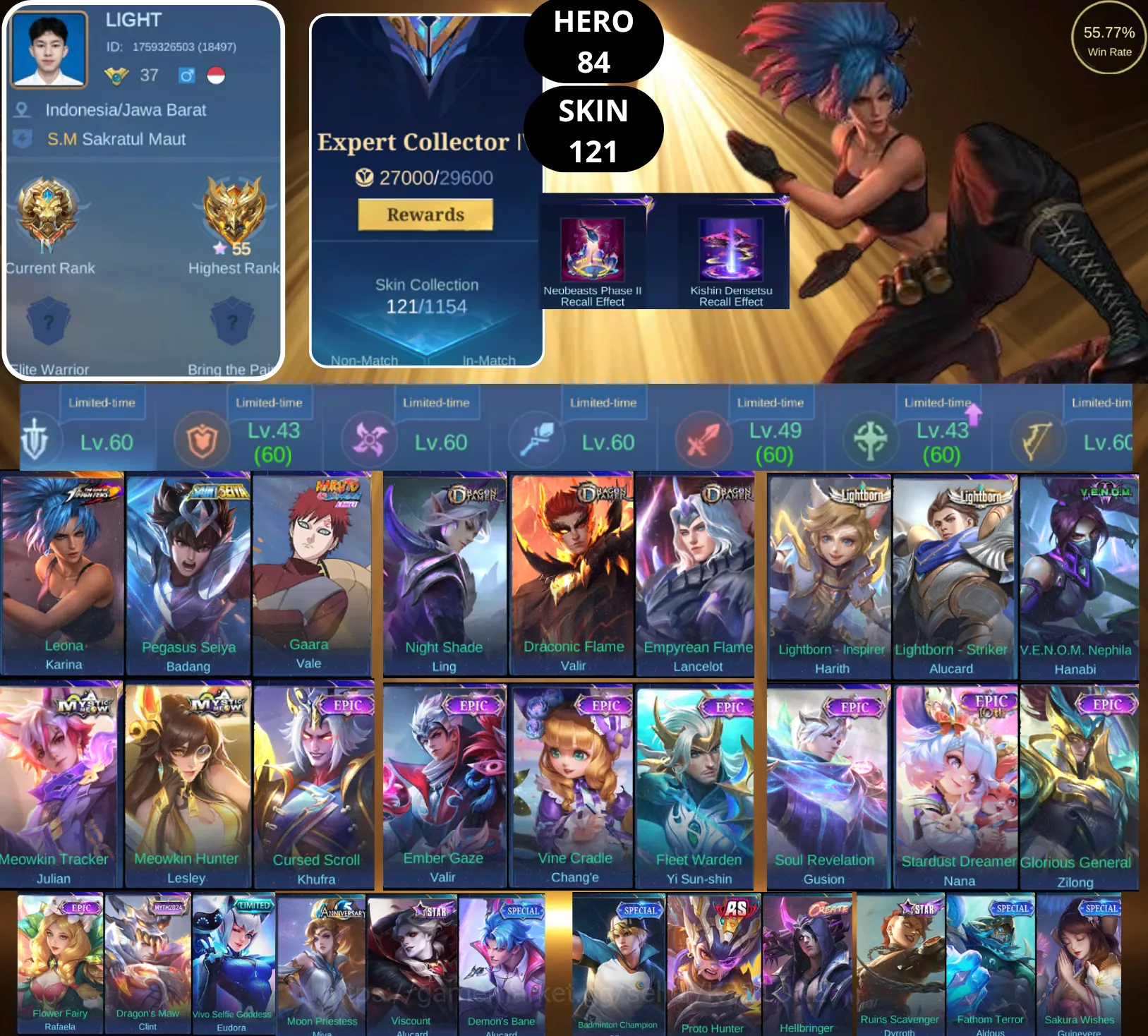 Mobile Legends: Bang Bang Accounts Smurf BEST OFFER | HERO 84 | SKIN 121 | KARINA KOF | BADANG SAINT SEIYA | VALE NARUTO 1