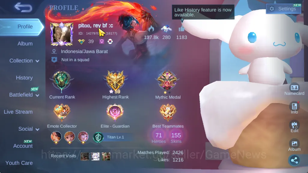 Mobile Legends: Bang Bang Accounts Others Hero 71|Skin 155|Floryn Sanrio,Angela Annual,Badang 1