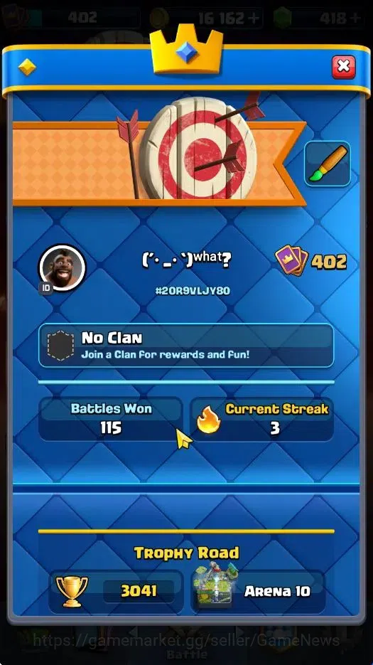 Clash Royale Accounts High-End Lvl 402|KTL 9|Trophy 3041|418 Gems|Card 48/122|1 Hero 4 EVO 11 Epic 18 Rare 19 Common|3 Wild 2
