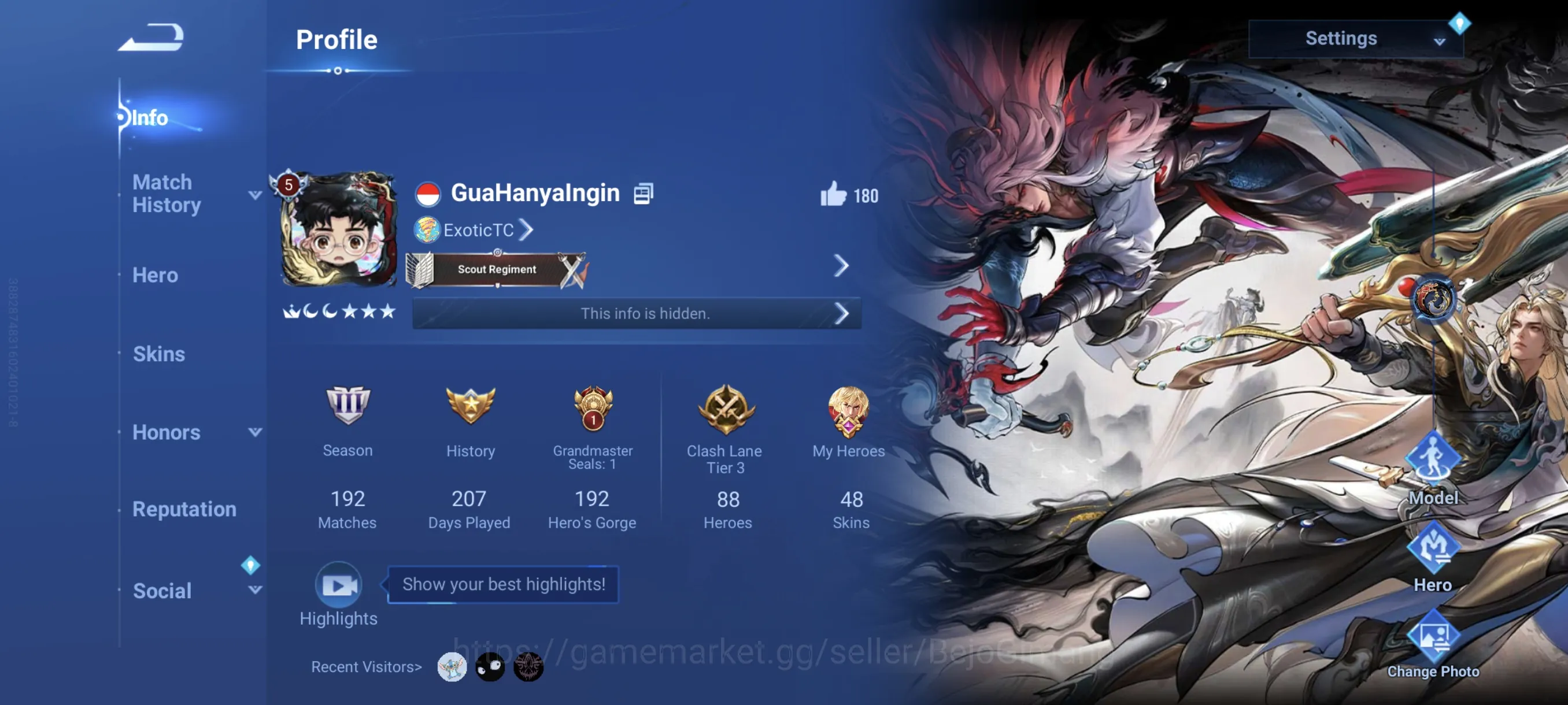 Honor of Kings Accounts Rare Skin Starter Hero 88 Skin 48: Flawless Li Xin, KIC Luna, 2 Legend (Angela, Li Xin) GM Gan&Mo 1