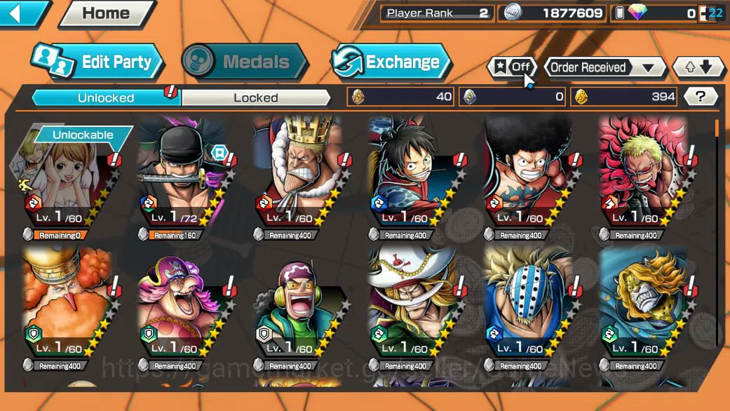 One Piece Bounty Rush Accounts Starter Global|5 EX|T5E ST.Jaygarcia,RO Roronoa Zoro,BP Kuzan,TFE Marshal D. Teach,AMS 4
