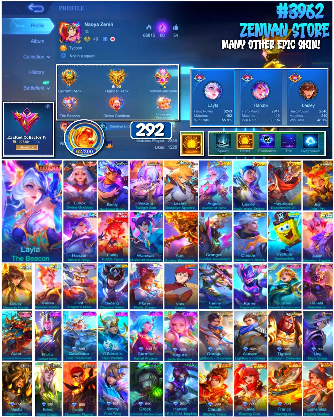 Mobile Legends: Bang Bang Accounts #3962 292 Skins Legend Layla & Lunox Neobeast Brody Aspirant Vexana & Lesley SpongeBob M 1