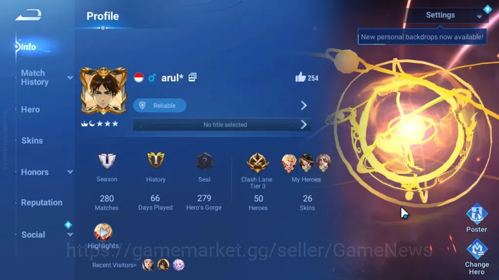 Honor of Kings Accounts Rare Skin Hero 50 Skin 26|1 Legend (Fearless Spear),1Attack On Titane,5 Epic,1 Skin Event 2