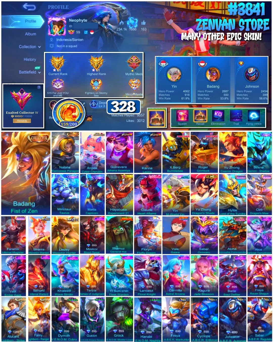 Mobile Legends: Bang Bang Accounts Collector #3841 328 Skins | Collector Badang & Natalia | Aspirant Angela | KoF Guinevere 1
