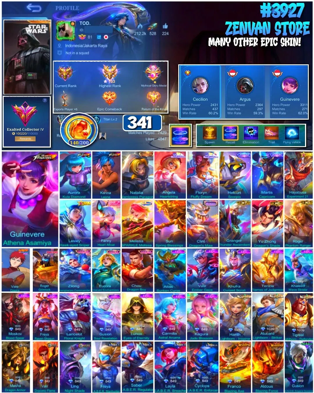 Mobile Legends: Bang Bang Accounts Collector #3927 | 341 Skins | Collector Natalia | Starwars Argus | KoF Guinevere, Karina 2