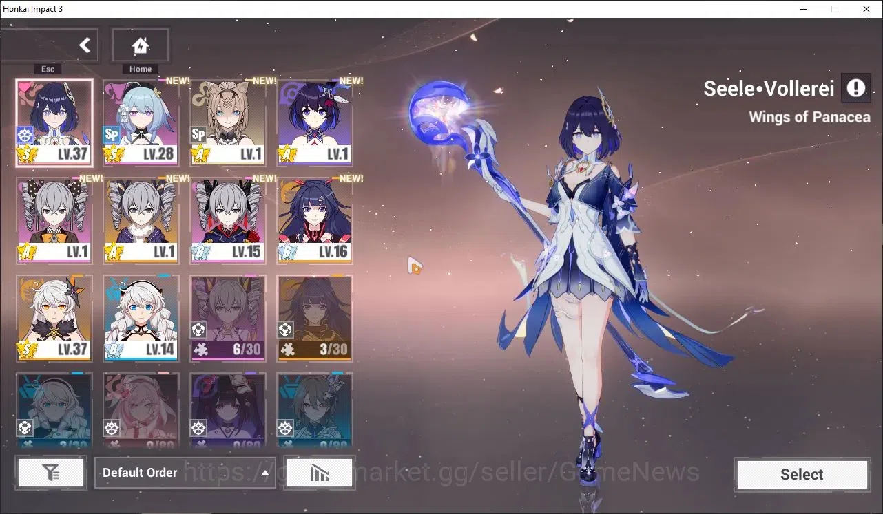 Honkai Impact 3rd Accounts Starter SEA|Lvl 38|2,3K DM|1 Fullset|Seele Vollerei Wings of Panacea4/4,Kiana 1