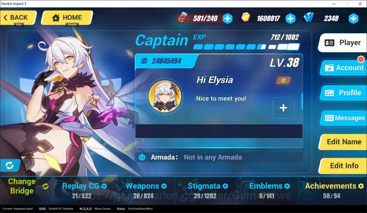 Honkai Impact 3rd Accounts Starter SEA|Lvl 38|2,3K DM|1 Fullset|Seele Vollerei Wings of Panacea4/4,Kiana 14