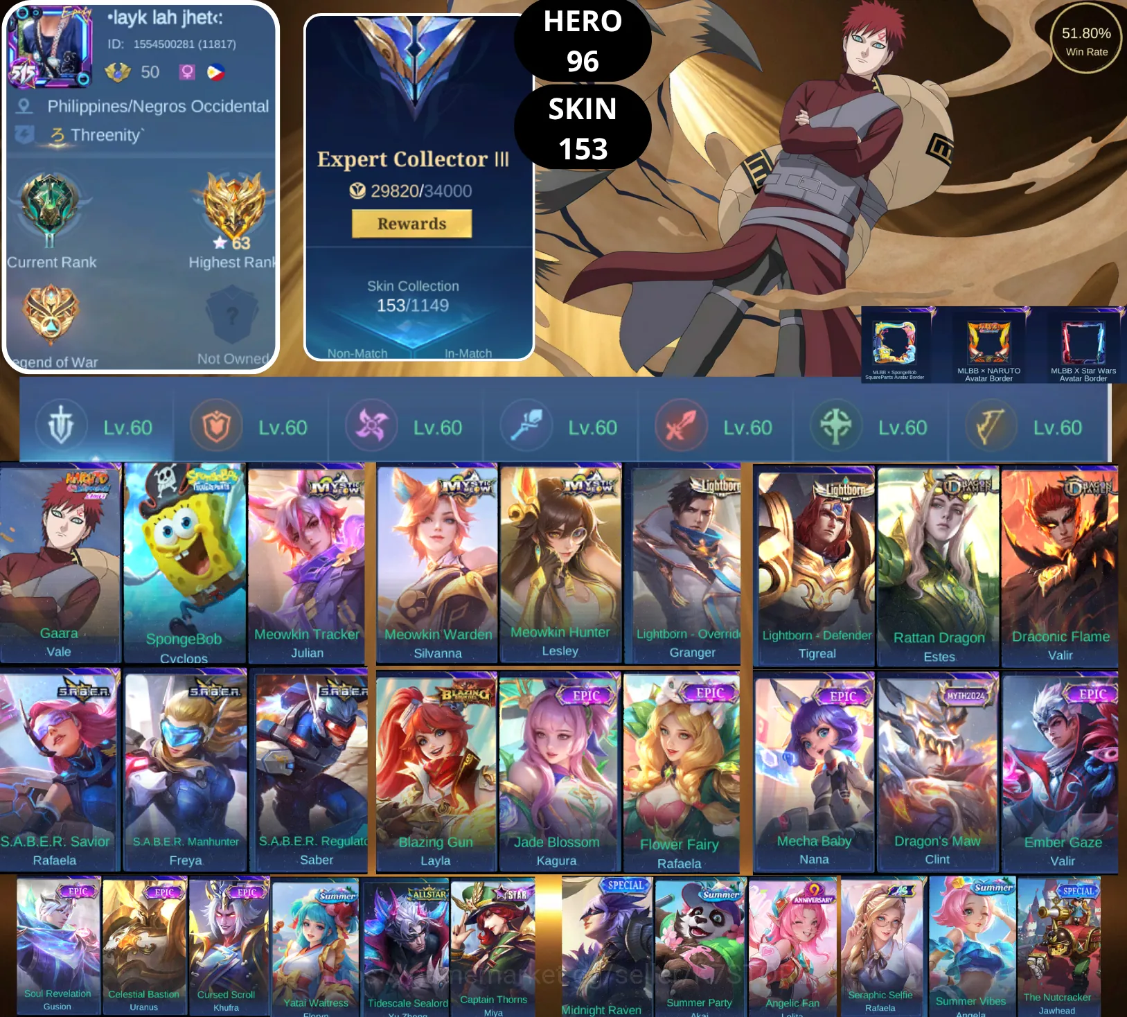 Mobile Legends: Bang Bang Accounts Smurf BEST OFFER | HERO 96 | SKIN 153 | GAARA VALE | SPONGEBOB CYCLOPS | MEOWKIN TRACKER 1