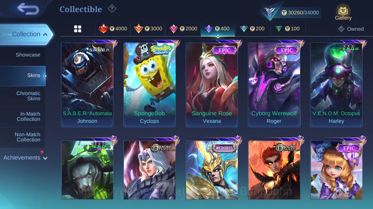 Mobile Legends: Bang Bang Accounts Others Hero 93 | skin 139 | cc natalia | epic vexana | epic roger | spongebob cyclops 11