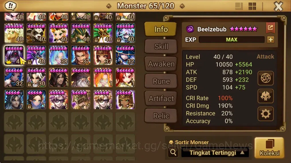 Summoners War: Sky Arena Accounts End-Game ASIA Lv100|3 LD(51LV3R,Beelzebub,Jaara)+78Total NB5,139 6*Monsters|Solor5 9