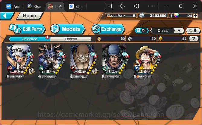 One Piece Bounty Rush Accounts Others GLOBAL| EX 5| PR 5|T5E Nusjuro,BP Kuzan,WI Trafalgar Law,BMO Kaido,MWD Luffy,etc|More 5