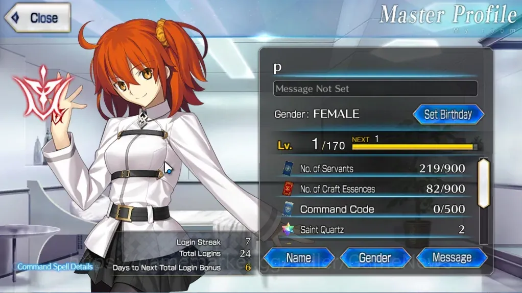 Fate-Grand Order Accounts NA|Starter Fuyuki Lv 1|2 SSR Servant|Scathach-Skadi,Oberon|Golden Apple 42|BirthDay Unset|Log 1