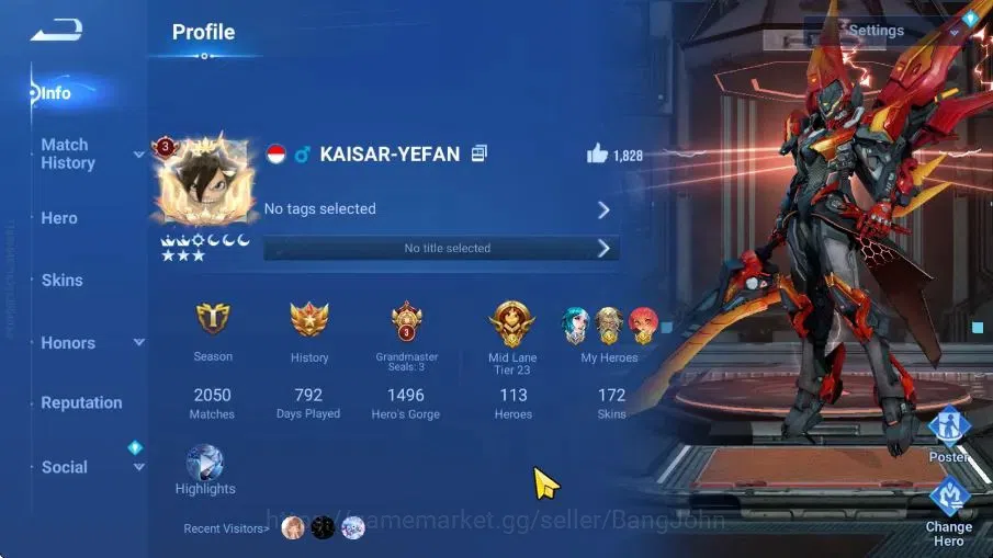 Honor of Kings Accounts Rare Skin Global|113H 172S|Legend: Kaizer,Yao,Consoert Yu|KIC: Luna|LNY:Angela,DaQiao|Fox:Arli|GM 1