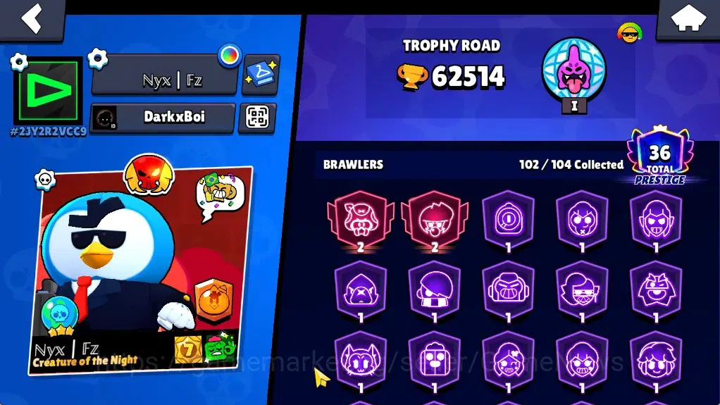 Brawl Stars Accounts 62514 Trophy|102Brawlers 19Max|UL Kaze&Sirius|10k 2