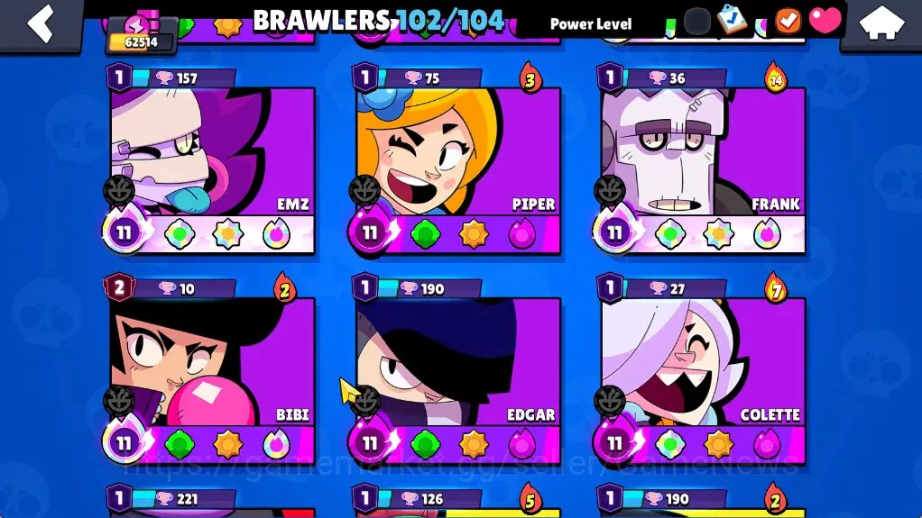 Brawl Stars Accounts 62514 Trophy|102Brawlers 19Max|UL Kaze&Sirius|10k 9