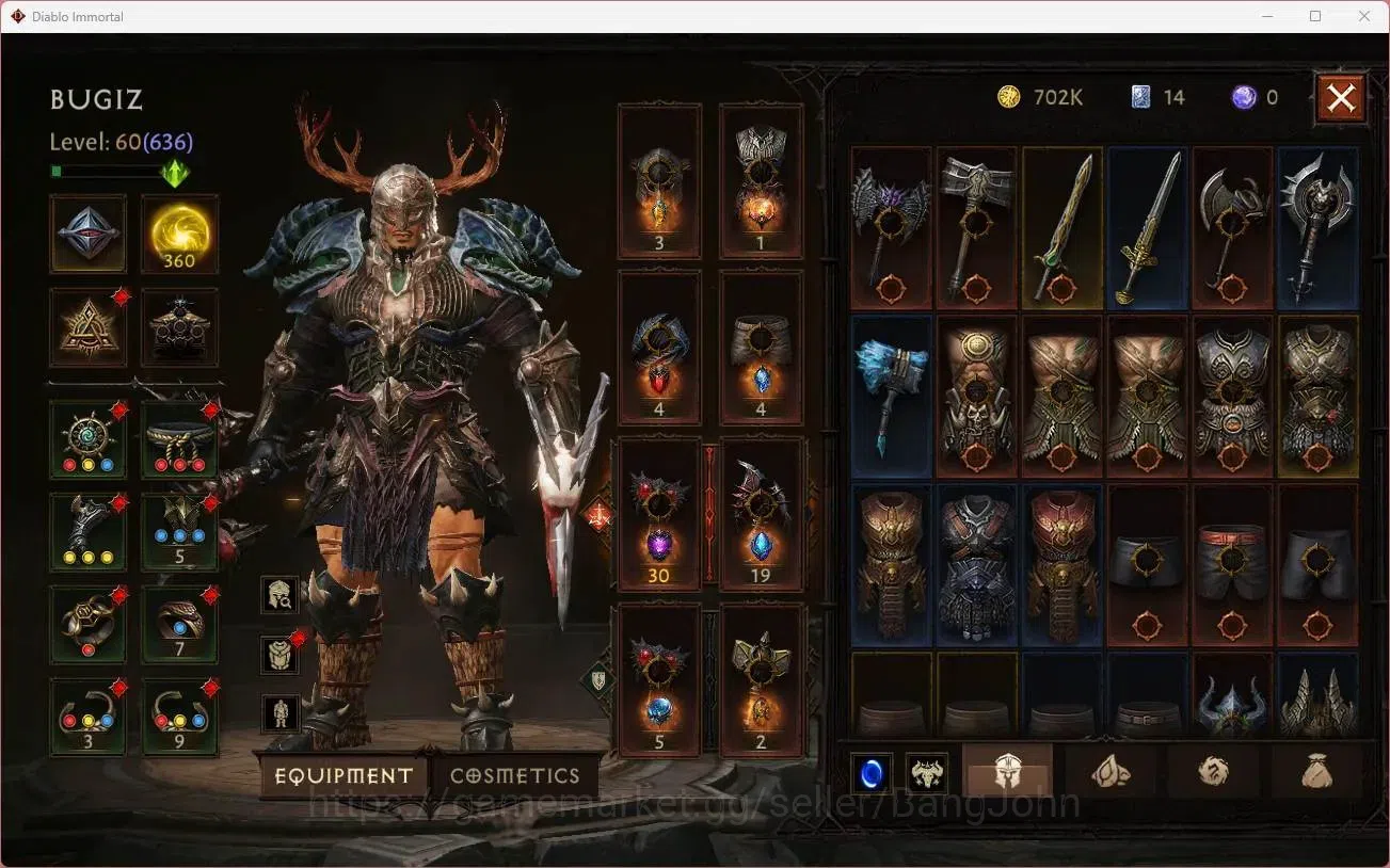 Diablo Immortal Accounts High-End NA - High Heavens | 60 (636) Barbarian - Maledictor | CR 36k | Reso 360 | Inferno 2 |Varog 10