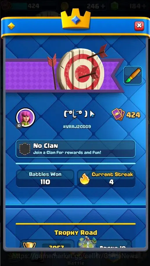 Clash Royale Accounts High-End Lv 424|KTL 10|Trophy 3057|Card 53/121|1 Hero,3 EVO|2 MAX 10 Epic,18 Rare,22 Common|Gems 2