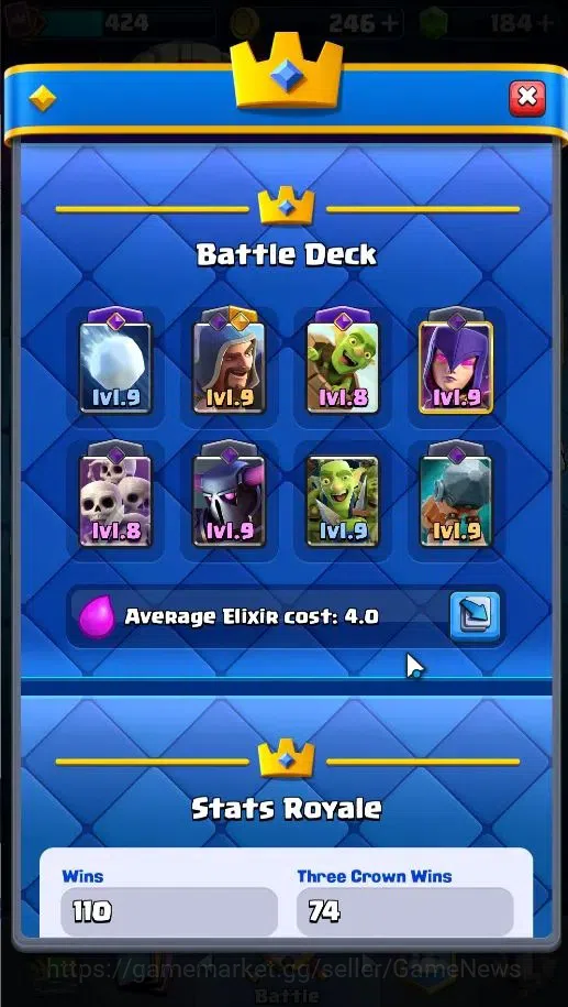 Clash Royale Accounts High-End Lv 424|KTL 10|Trophy 3057|Card 53/121|1 Hero,3 EVO|2 MAX 10 Epic,18 Rare,22 Common|Gems 5