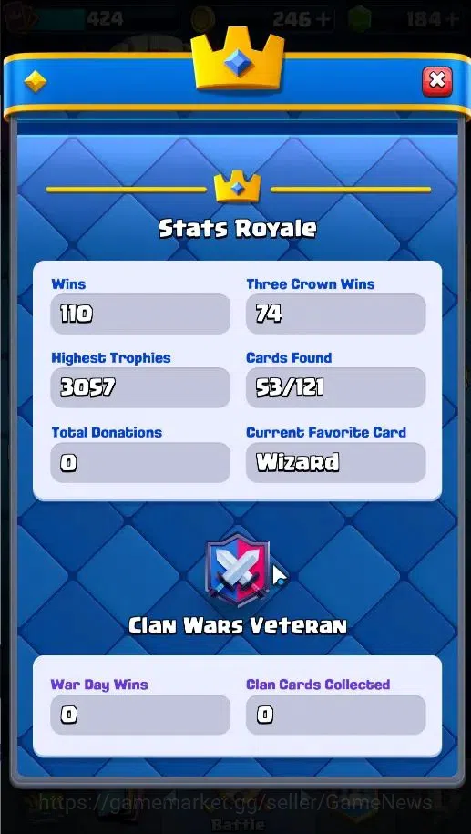 Clash Royale Accounts High-End Lv 424|KTL 10|Trophy 3057|Card 53/121|1 Hero,3 EVO|2 MAX 10 Epic,18 Rare,22 Common|Gems 6
