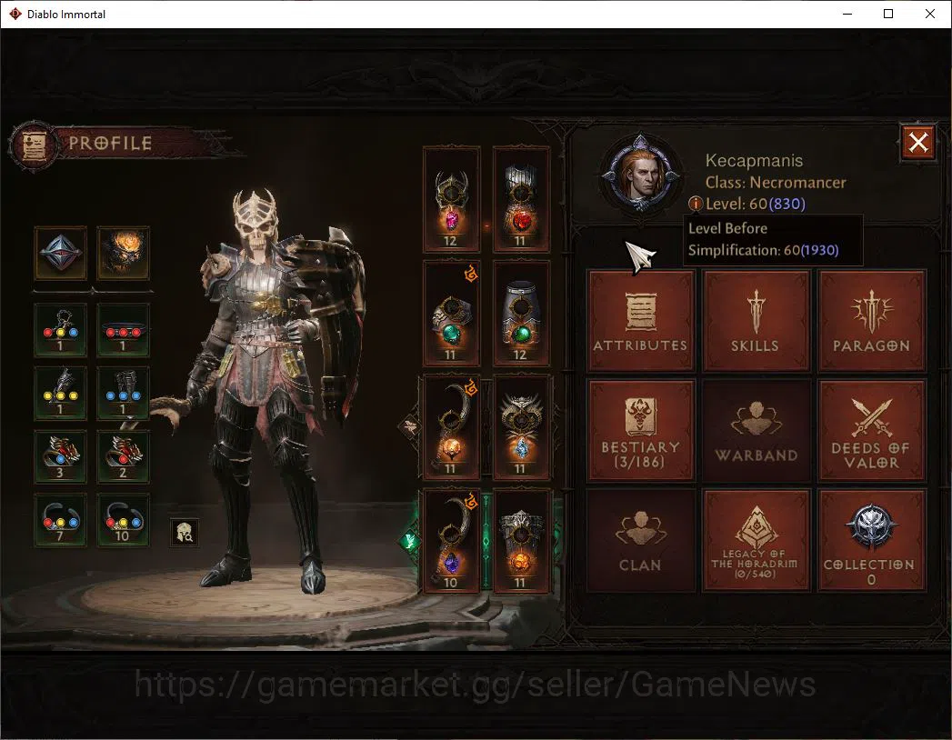 Diablo Immortal Accounts Mid-Tier SA - malah|Change Server On|Lv60(830)|Necromancer|CR 36k|Reso 300|Paragon 3