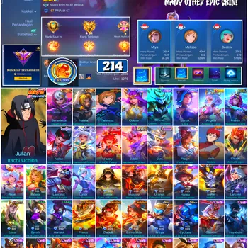 Mobile Legends: Bang Bang Accounts #4473 214 Skins | Julian Itachi Uchiha (NARUTO) | Vale Gaara (NARUTO) | Melissa Nobara