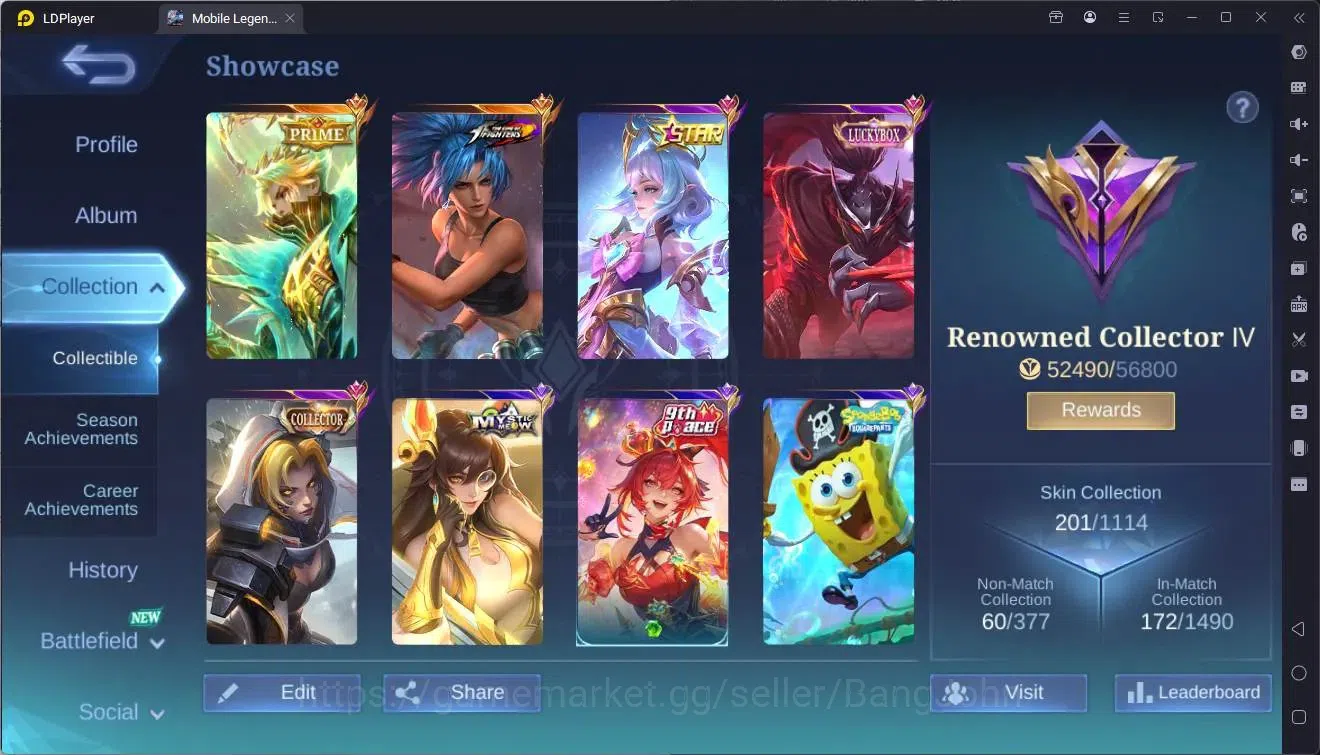 Mobile Legends: Bang Bang Accounts Collector Global|Hero 99|Skin 201|Renowned|Prime Granger|KOF Karina|5-STAR 2