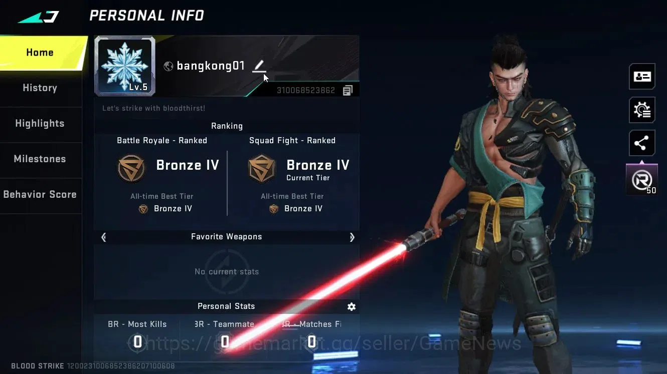Blood Strike Accounts High-End ASIA|ETERNAL M700-Seraph Lv3|ULTRA Melee Lightblade-Dark Force|Legendary 2