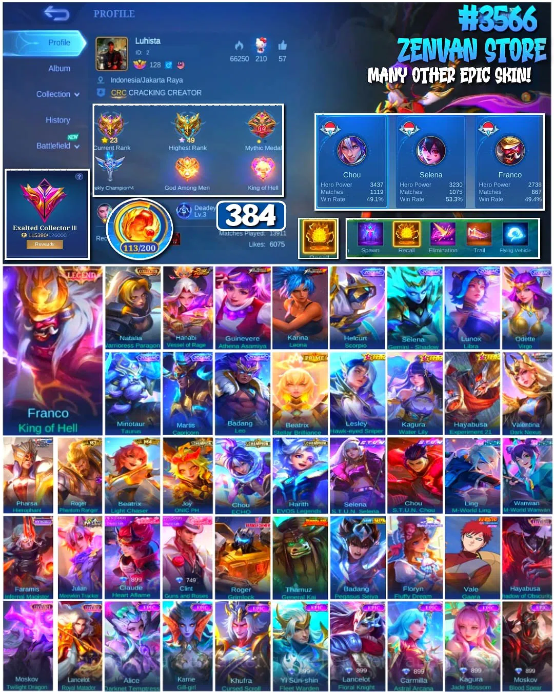 Mobile Legends: Bang Bang Accounts #3566 384 Skins | Legend Franco | Collector Natali image 1