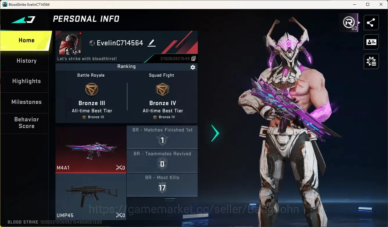 Blood Strike Accounts Others ASIA|1 Eternal Gun: M4A1-Blight's Embrace|1 Legendary Gun|1 Epic Name-Changing Card|Ultra 1
