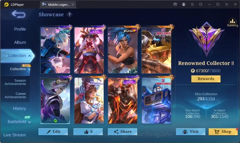 Mobile Legends: Bang Bang Accounts Collector Global|291S|Renowned|KOF karina,TF Roger,TF Popol,Sanrio Floryn,Epic Nana,Epic 1