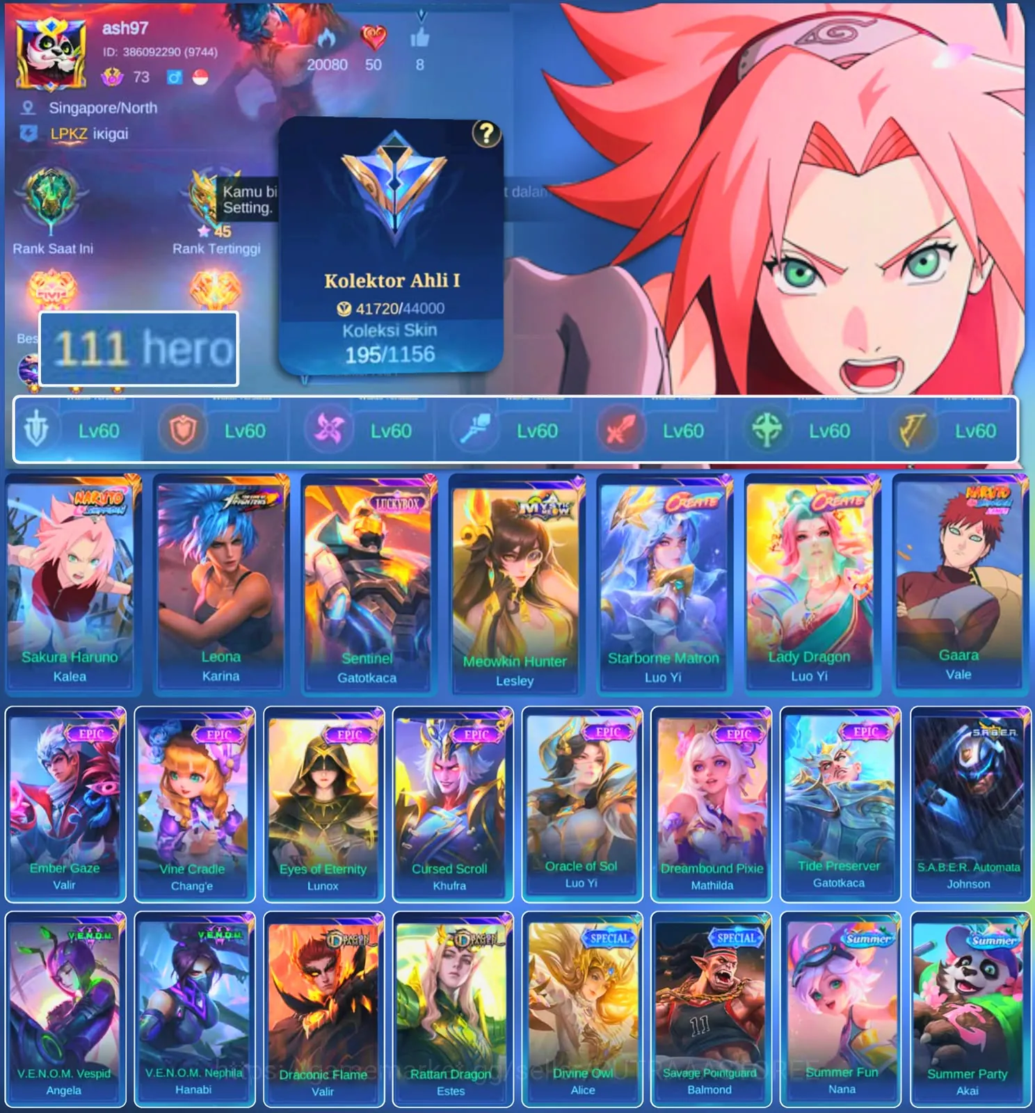 Mobile Legends: Bang Bang Accounts Rare Skin HERO 111 SKIN 195 | EMBLEM ALL MAX| SAKURA KALEA| LUCKBOX GATOTKACA| EPIC 1