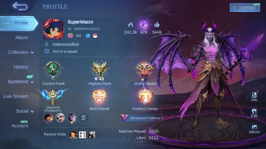Mobile Legends: Bang Bang Accounts Collector Global|Hero 121|Skin 193|Renowned|Sanrio Floryn,KOF Karina,Collector 1
