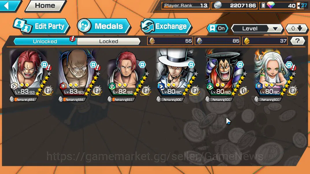 One Piece Bounty Rush Accounts Starter GLOBAL|6 EX| T5E St.Ethanbaron,AF ROB Lucci,S-Snake,Divine Shanks,DK Kozuki Oden,FILM 4