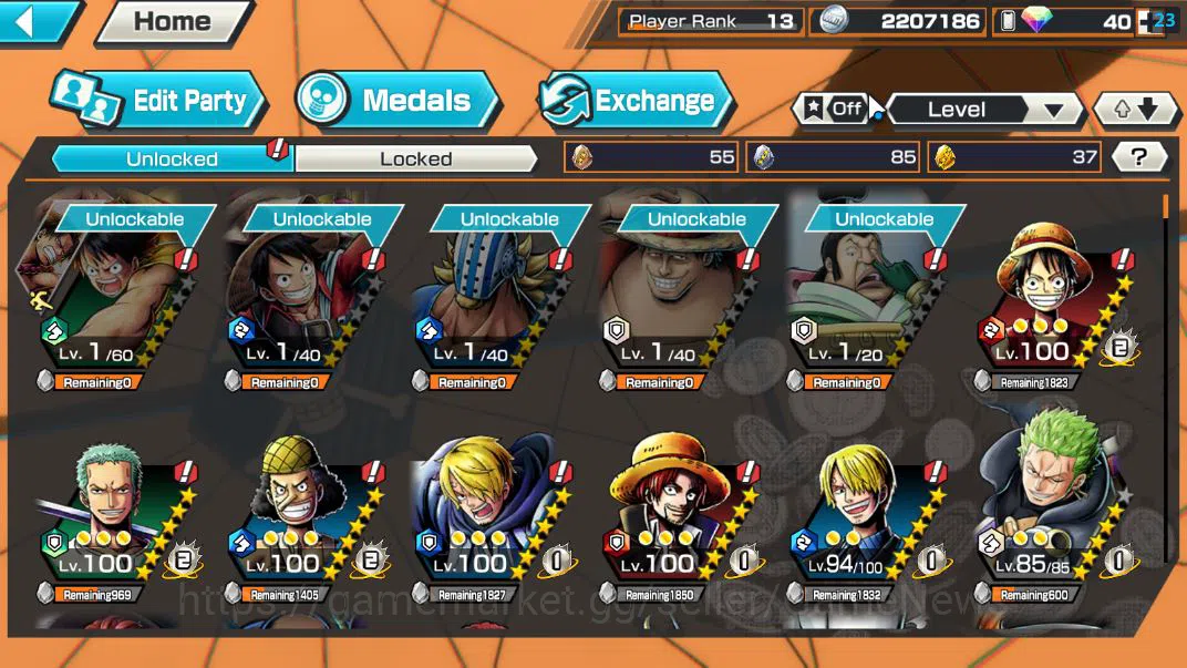 One Piece Bounty Rush Accounts Starter GLOBAL|6 EX| T5E St.Ethanbaron,AF ROB Lucci,S-Snake,Divine Shanks,DK Kozuki Oden,FILM 5