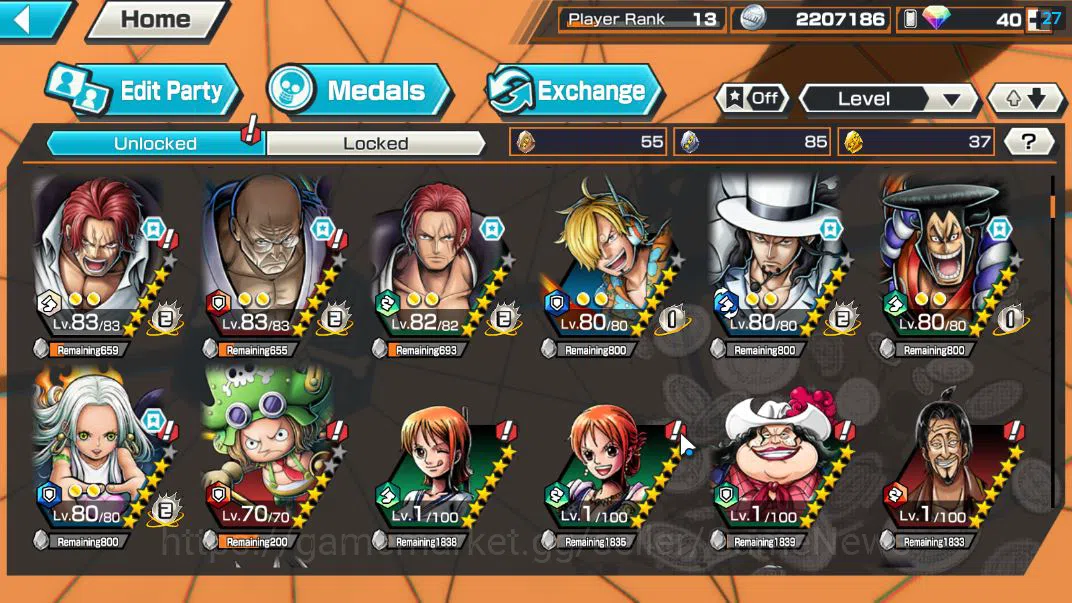 One Piece Bounty Rush Accounts Starter GLOBAL|6 EX| T5E St.Ethanbaron,AF ROB Lucci,S-Snake,Divine Shanks,DK Kozuki Oden,FILM 6