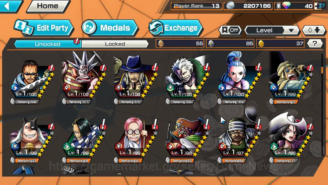 One Piece Bounty Rush Accounts Starter GLOBAL|6 EX| T5E St.Ethanbaron,AF ROB Lucci,S-Snake,Divine Shanks,DK Kozuki Oden,FILM 7