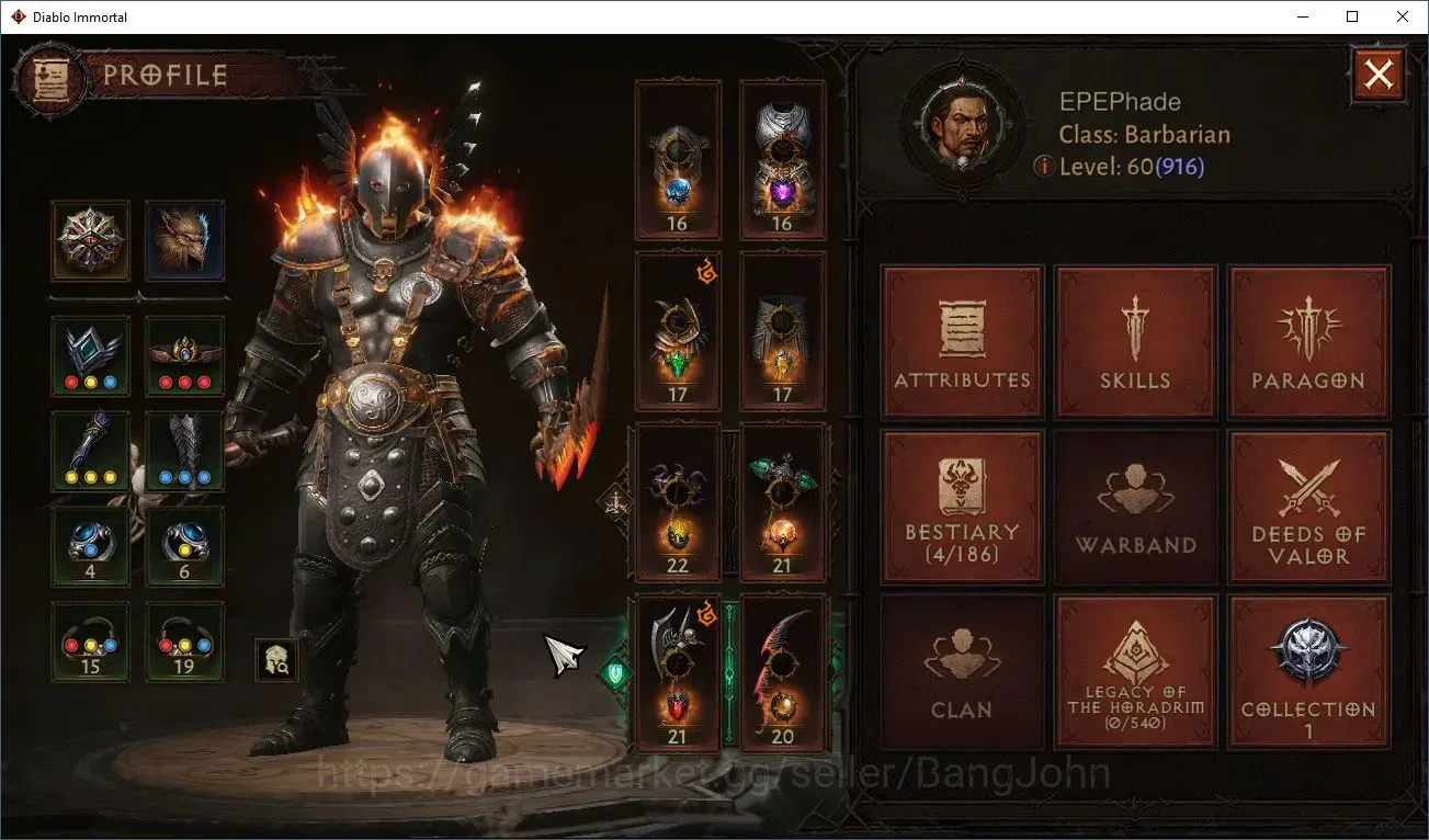 Diablo Immortal Accounts Others EU - The Butcher|60 (916) Barbarian - Gladiator| CR 46487|Reso 510|Inverno 5|Varog Lv.30 1