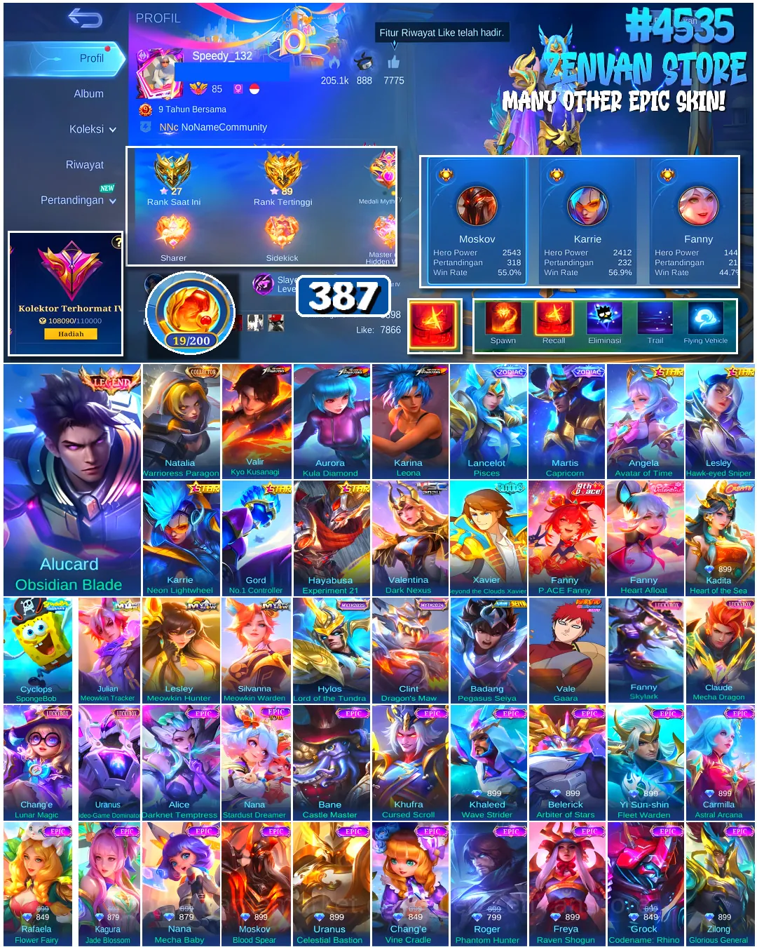 Mobile Legends: Bang Bang Accounts #4535 387 Skins | Alucard Obsidian Blade (LEGEND) | Aurora Kula Diamond (KOF) | Karina 1