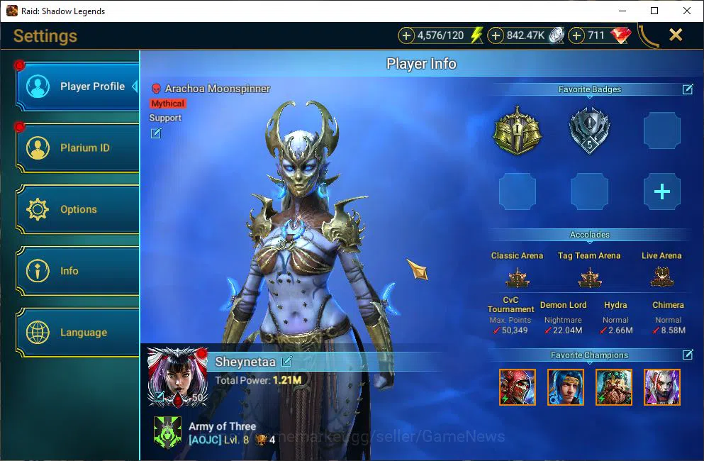 Raid: Shadow Legends Accounts Mid-Game Lv50 1,2M Power|1 Mythical(Arachoa Moonspinner)|23 2