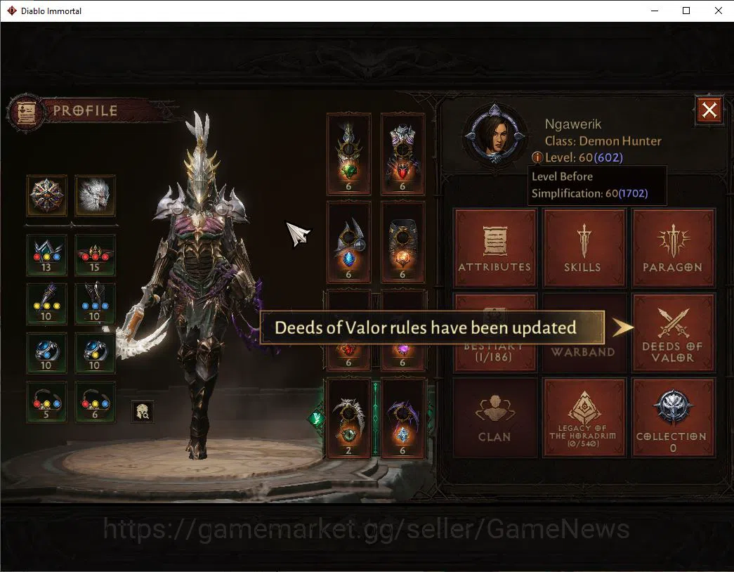 Diablo Immortal Accounts Mid-Tier SEA - Verathiel|Change Server On|Lv60(602)|Demon Hunter|35k CR|Reso 420|Paragon 2