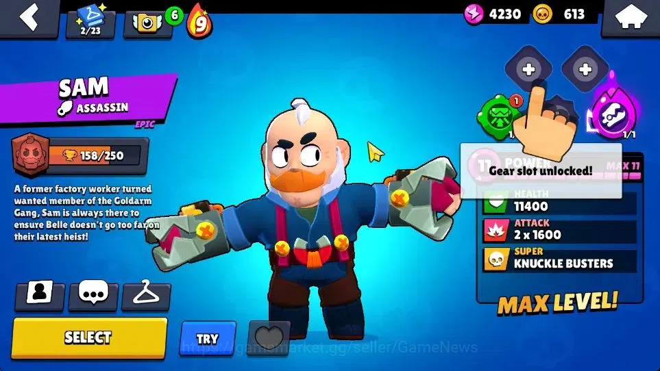 Brawl Stars Accounts 1088 Trophy|21K Bling|20 Brawlers 3 Max Lvl (Shelly,Stu,Sam)|16 Skin|1 Legend Skins [Tusked Nita] 3 15