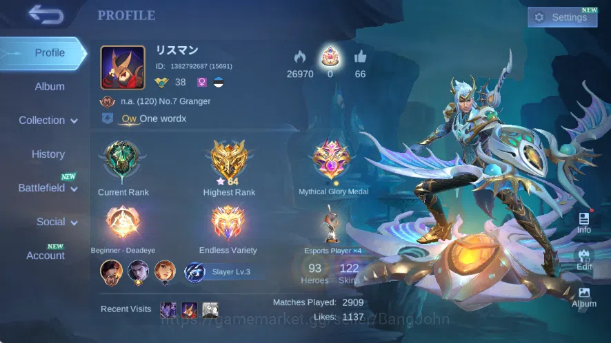Mobile Legends: Bang Bang Accounts Others Global|Hero 93|Skin 122|Expert|Collector Natalia,Lightborn Tigreal+Granger,DragonT 1