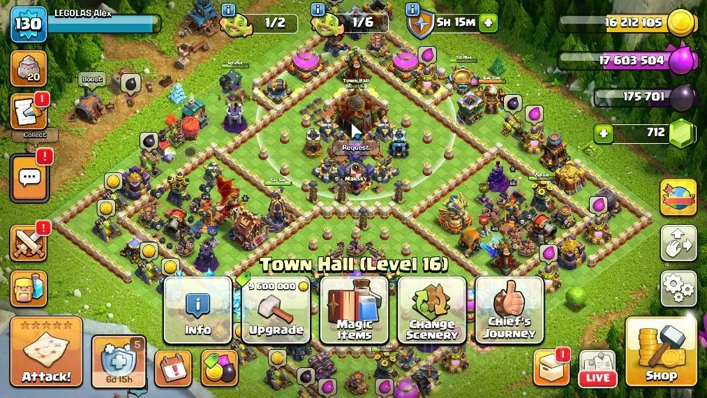 Clash of Clans Accounts High-End LV 130|TH 16-BH 8|HH 9|Limited Skin|BK 49,AQ 55,MP 58,GW 34,RC 28,DD 10|712 Gems|CN 1