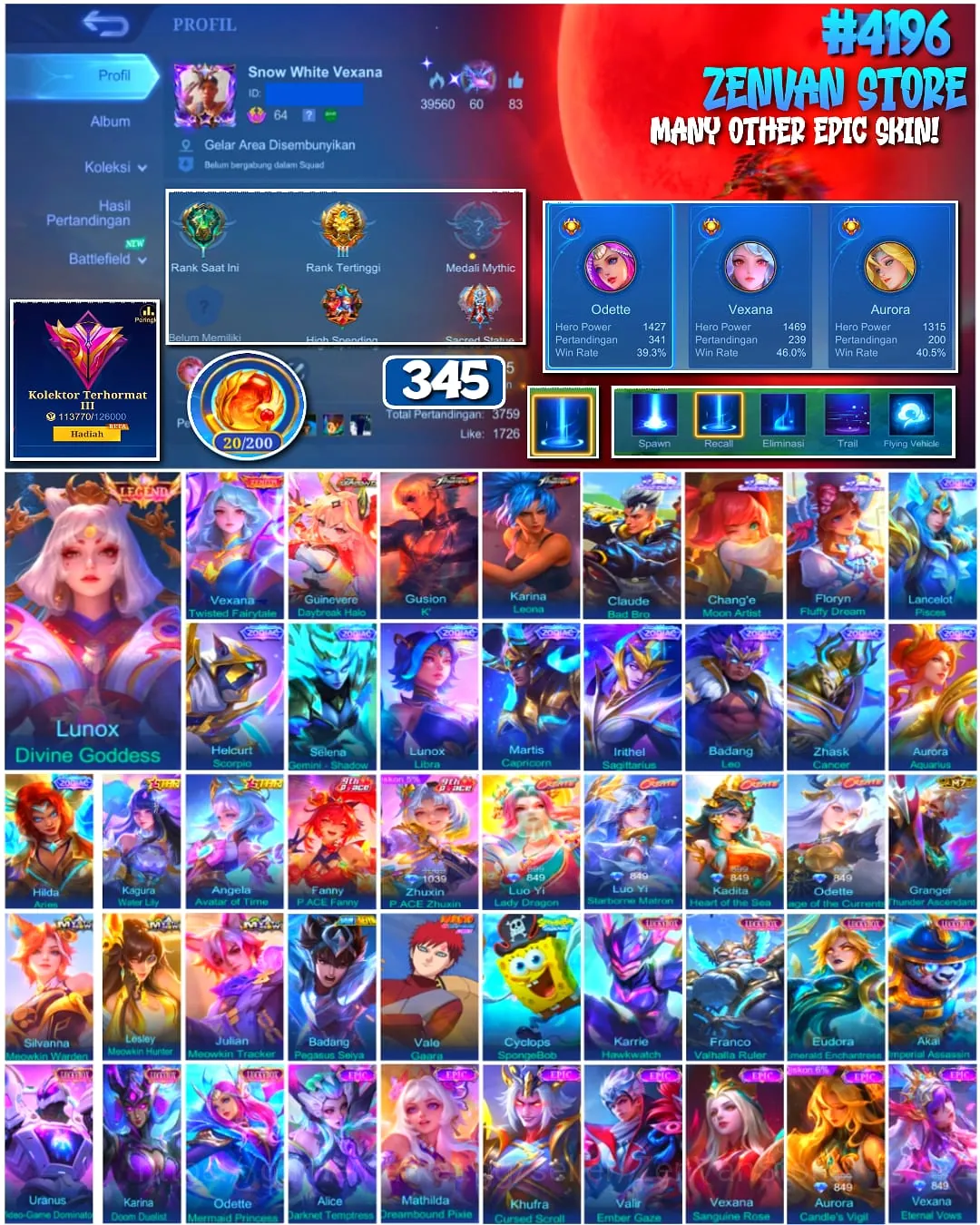 Mobile Legends: Bang Bang Accounts 🔥 #4196 🔥 💎 345 Skins 👑 Legend Lunox Divine Goddess ⚔️ Exalted Collector III ⭐ Zenith 1