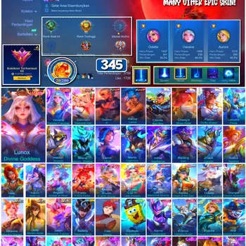 Mobile Legends: Bang Bang Accounts 🔥 #4196 🔥 💎 345 Skins 👑 Legend Lunox Divine Goddess ⚔️ Exalted Collector III ⭐ Zenith