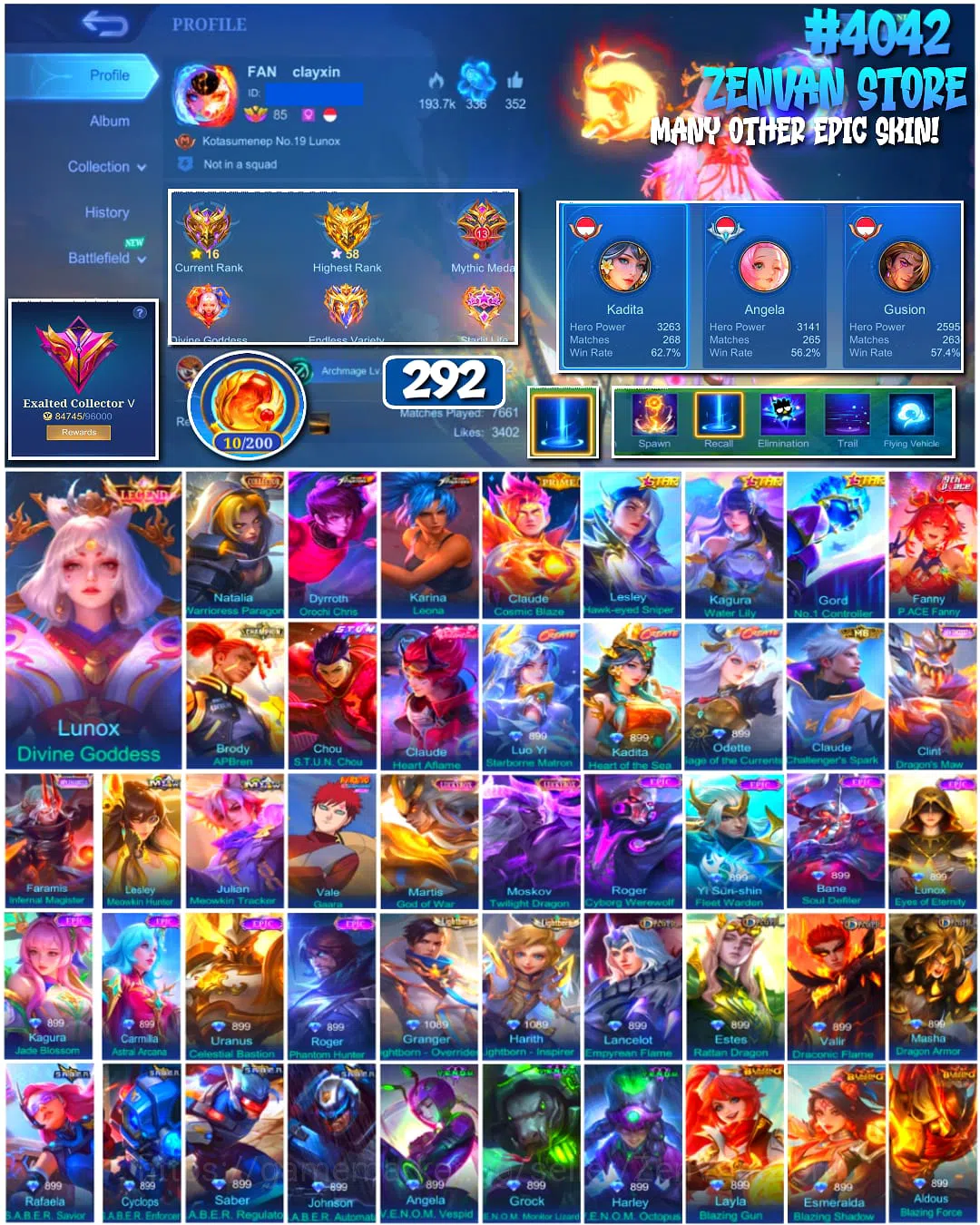 Mobile Legends: Bang Bang Accounts 🔥 #4042 🔥 292 Skins 💎 EXALTED COLLECTOR V 👑 Legend Lunox Divine Goddess ⚔️ Collector 1