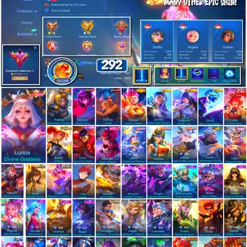 Mobile Legends: Bang Bang Accounts 🔥 #4042 🔥 292 Skins 💎 EXALTED COLLECTOR V 👑 Legend Lunox Divine Goddess ⚔️ Collector