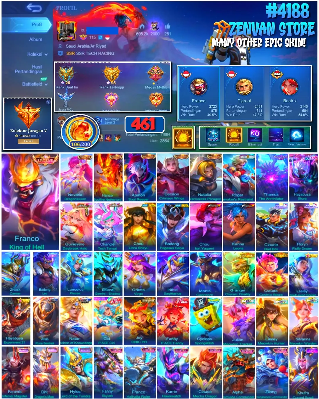 Mobile Legends: Bang Bang Accounts π₯ #4188 π₯ π 461 Skins π Legend Franco King of Hell βοΈ Mega Collector V β Collector 1